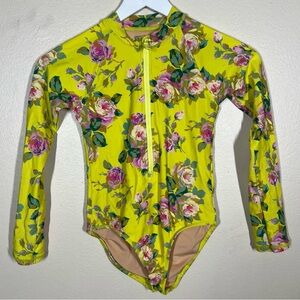 CrewCuts girls yellow floral long sleeve rash guard swimsuit Size 8 UPF 50+